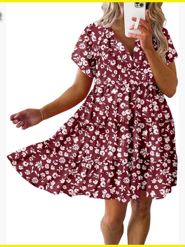 Boho Floral Mini Dress V Neck Short Sleeve A-Line Swing Summer Casual